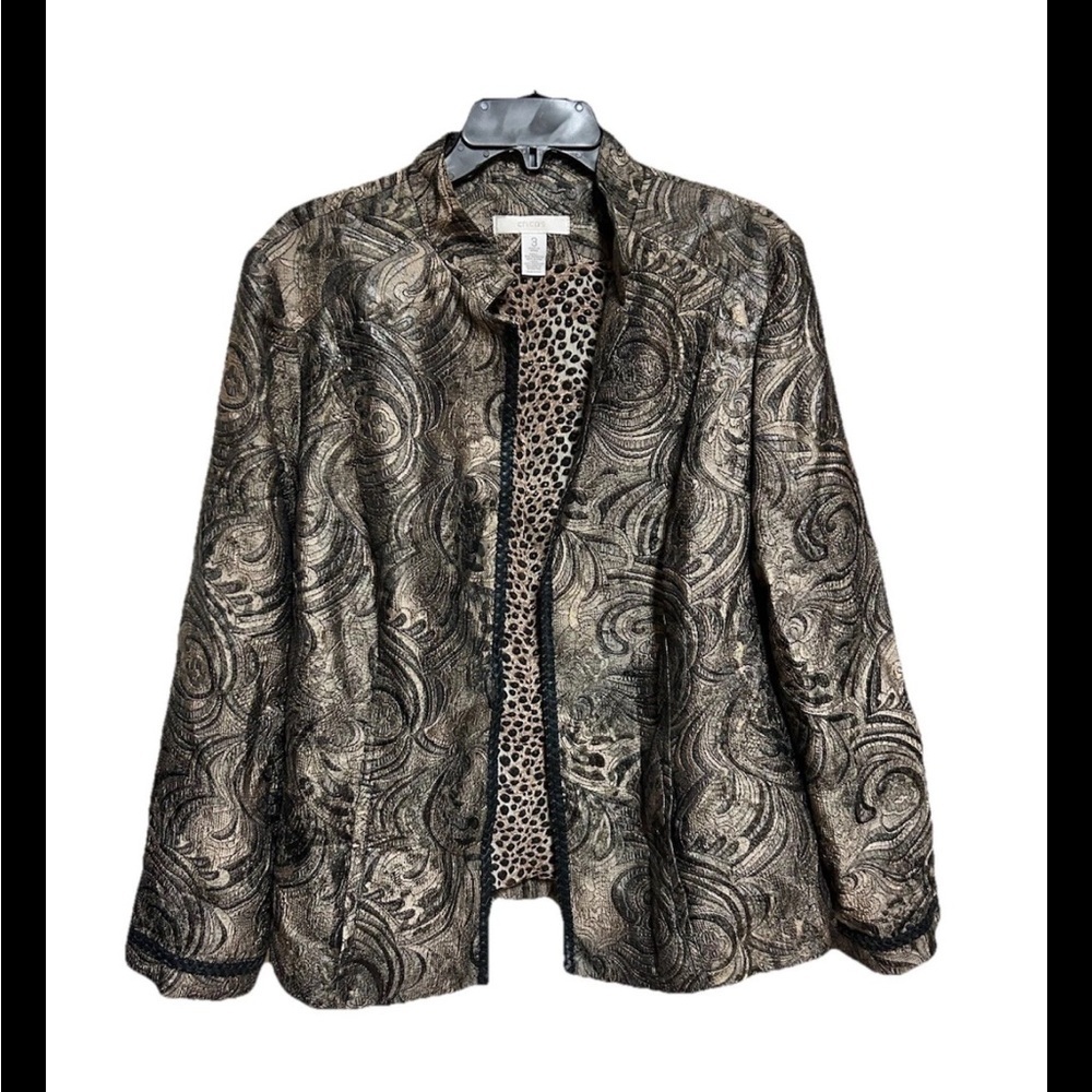 Chico’s Women’s Blazer Jacket Size XL Black Gold Paisley Open Front Lagenlook